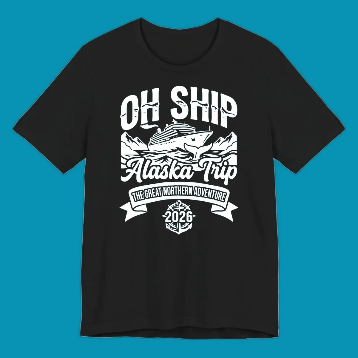 Vintage badge design with cruise ship, whale tail, and mountains for off-ship Alaska adventure trip apparel