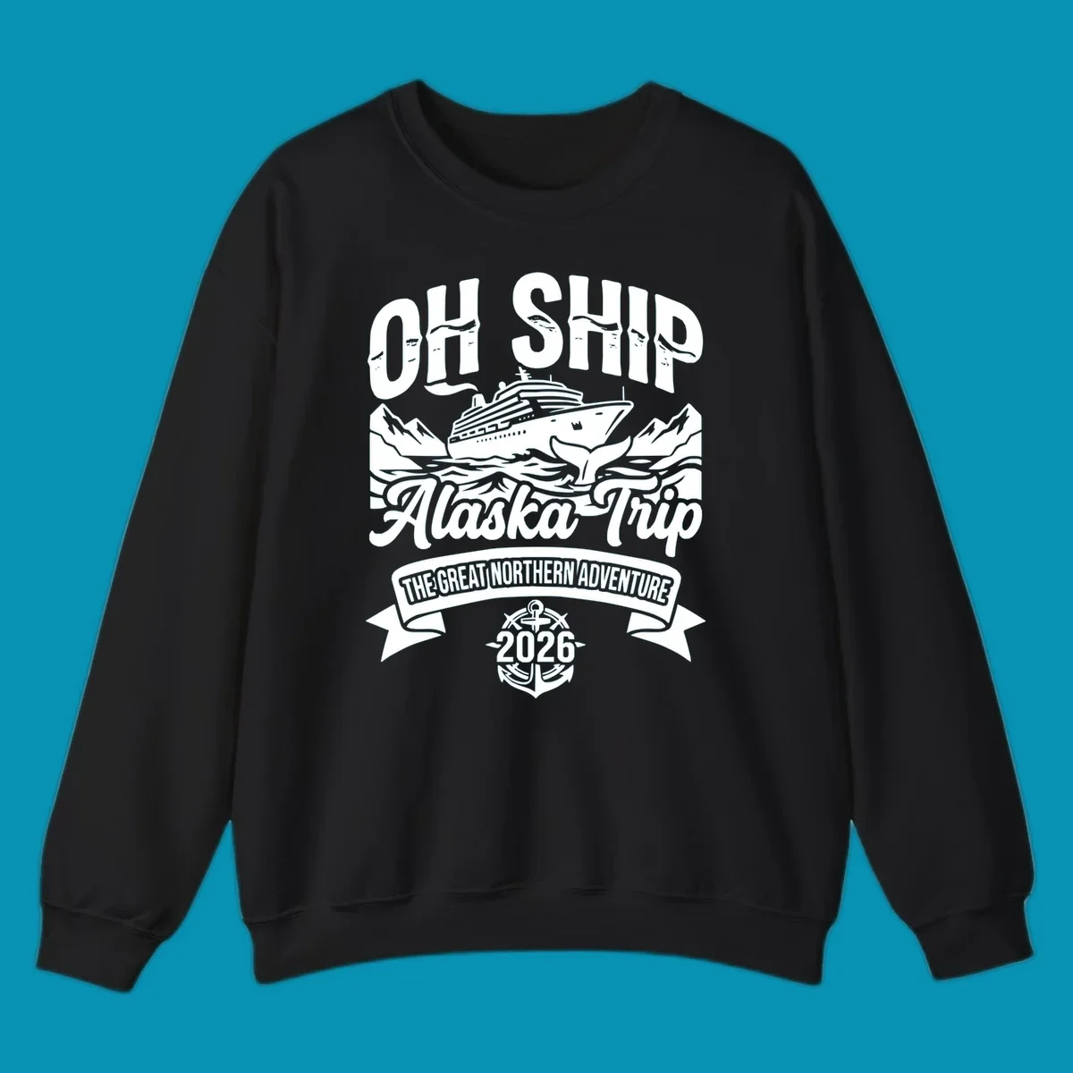 Vintage badge design with cruise ship, whale tail, and mountains for off-ship Alaska adventure trip apparel