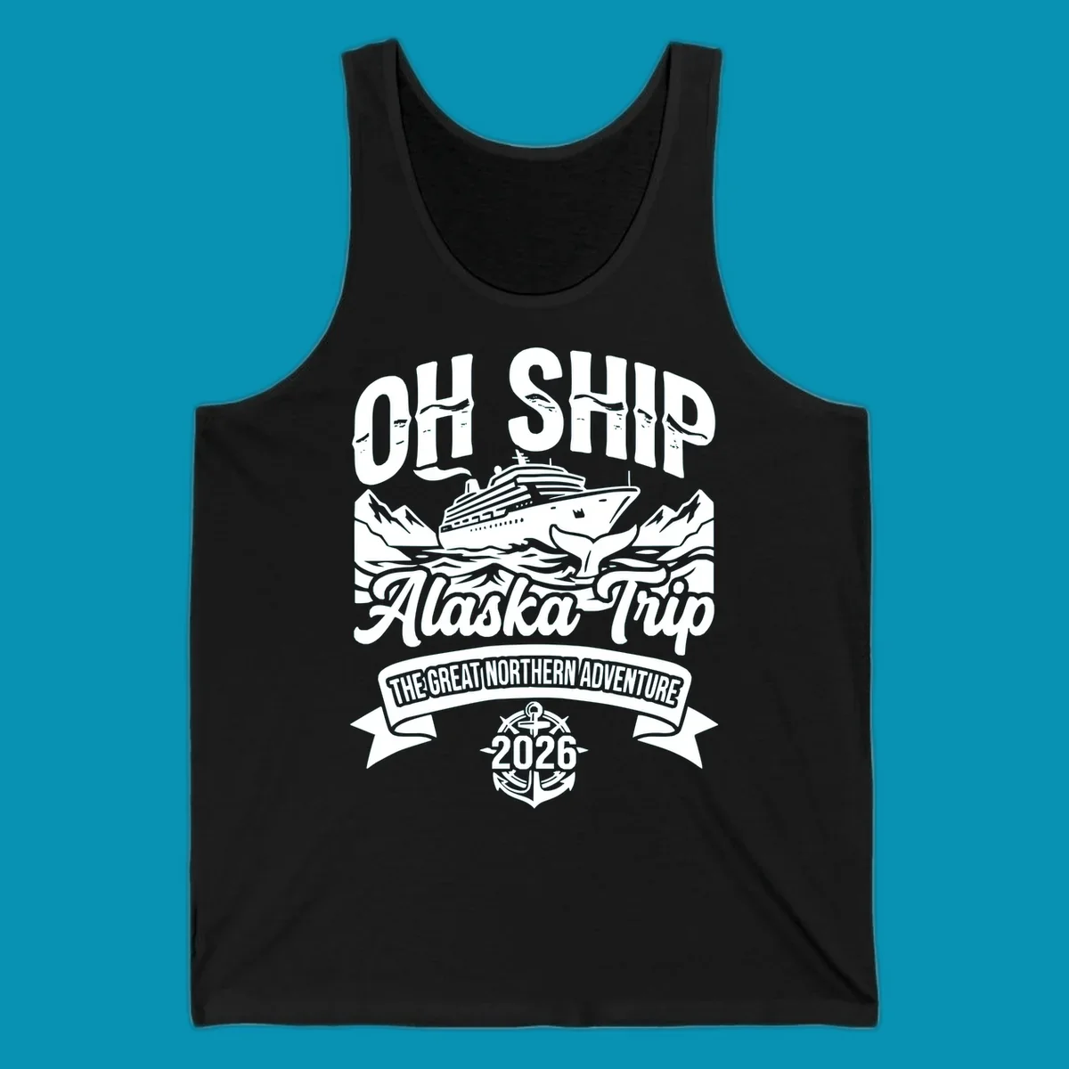 Vintage badge design with cruise ship, whale tail, and mountains for off-ship Alaska adventure trip apparel