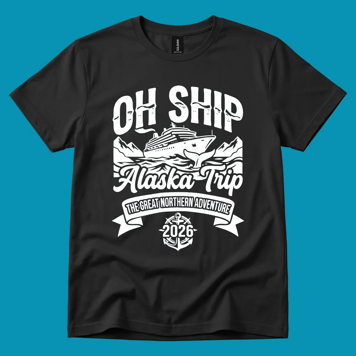 Vintage badge design with cruise ship, whale tail, and mountains for off-ship Alaska adventure trip apparel