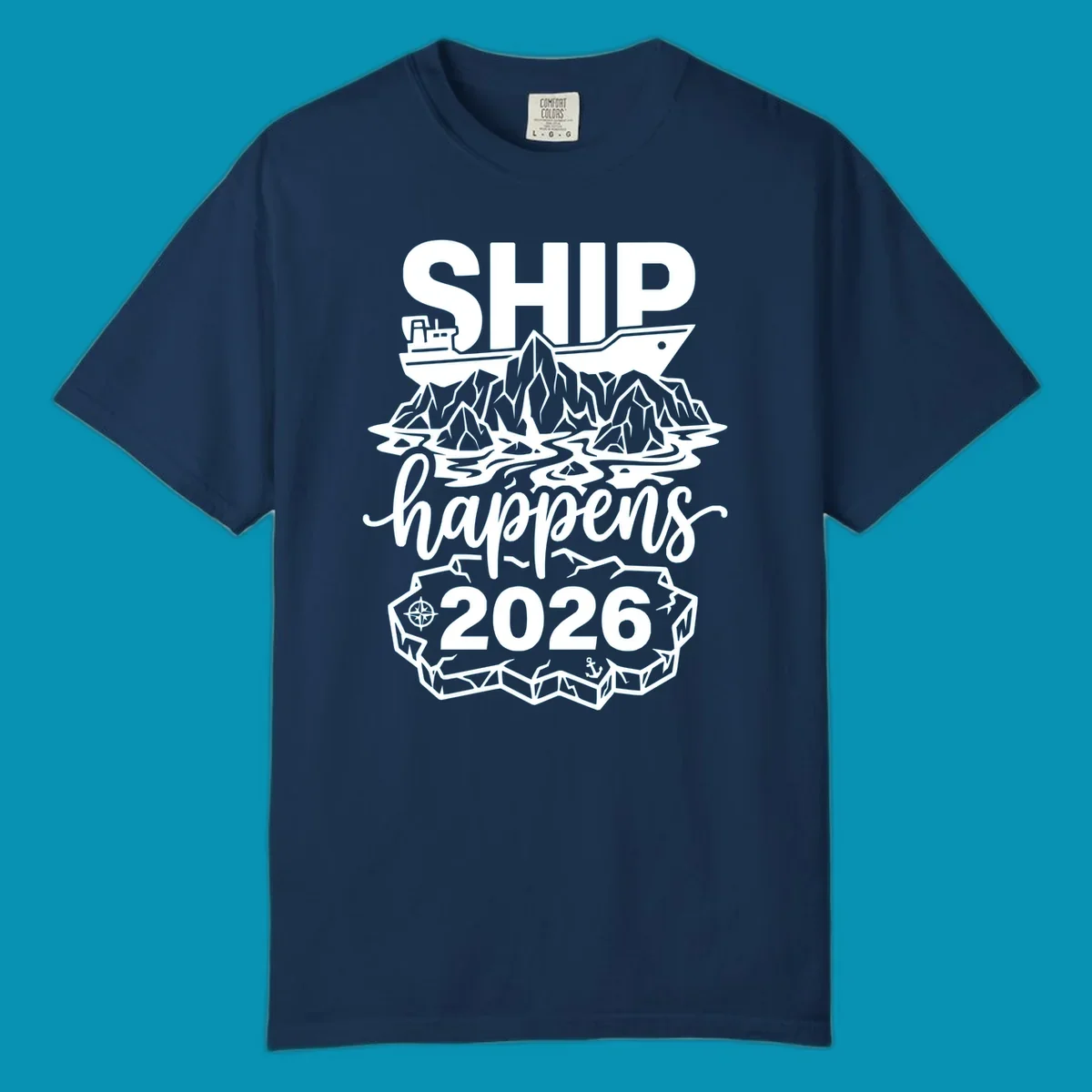 Ship happens Alaska cruise 2026 design with cruise ship, icebergs, mountains, compass and anchor in white on gray