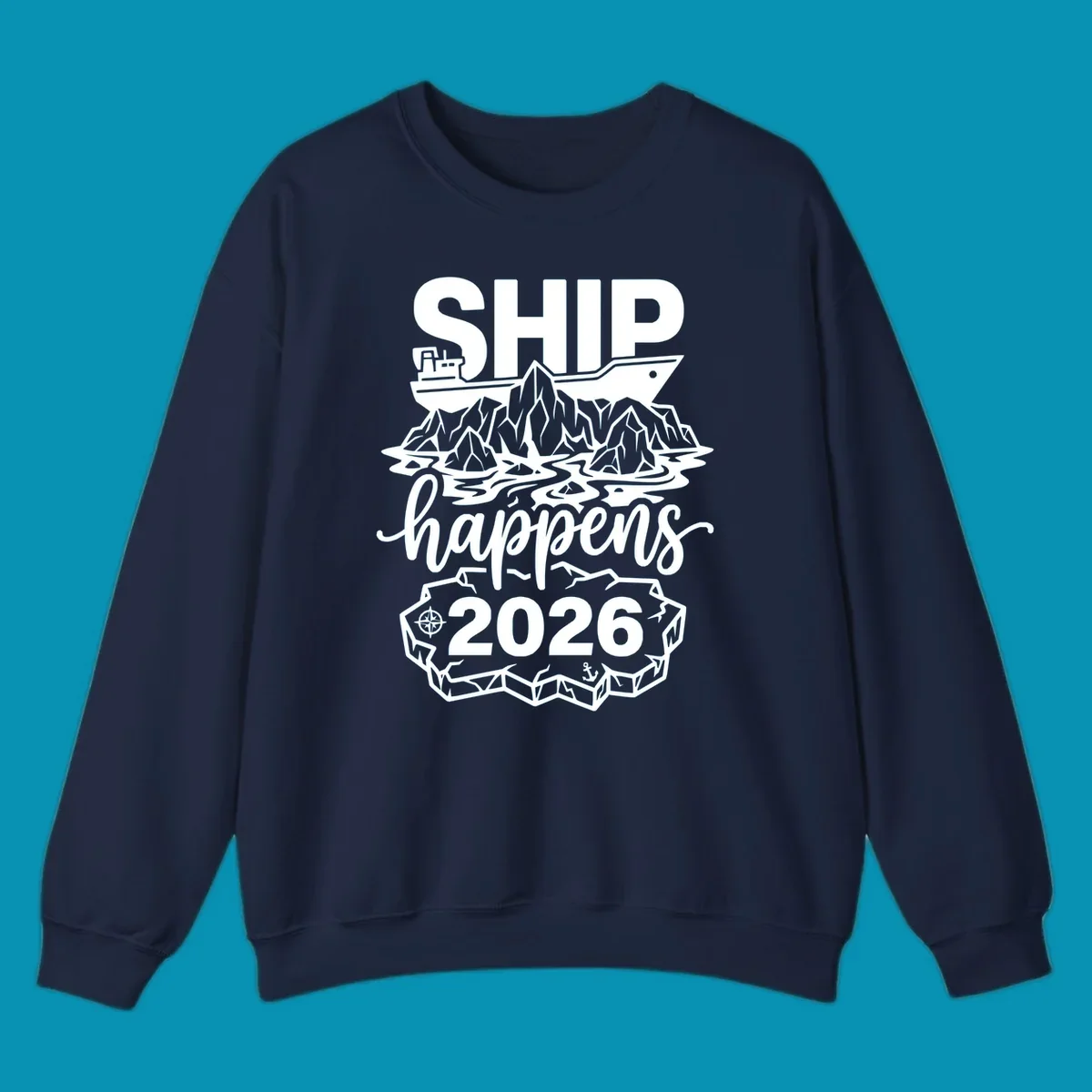 Ship happens Alaska cruise 2026 design with cruise ship, icebergs, mountains, compass and anchor in white on gray