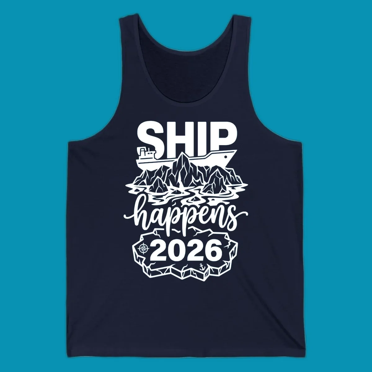 Ship happens Alaska cruise 2026 design with cruise ship, icebergs, mountains, compass and anchor in white on gray
