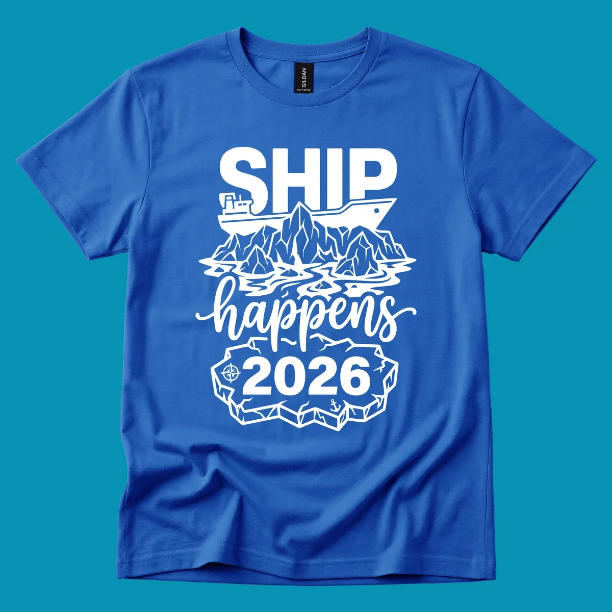 Ship happens Alaska cruise 2026 design with cruise ship, icebergs, mountains, compass and anchor in white on gray
