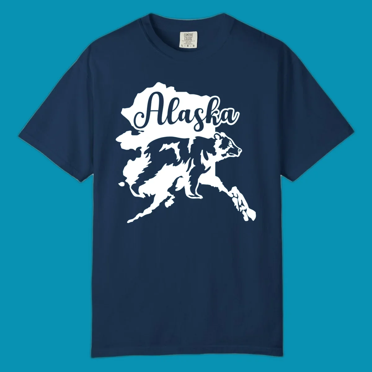 Alaska state map with bear silhouette and 'Alaska' text in elegant script lettering on gray background