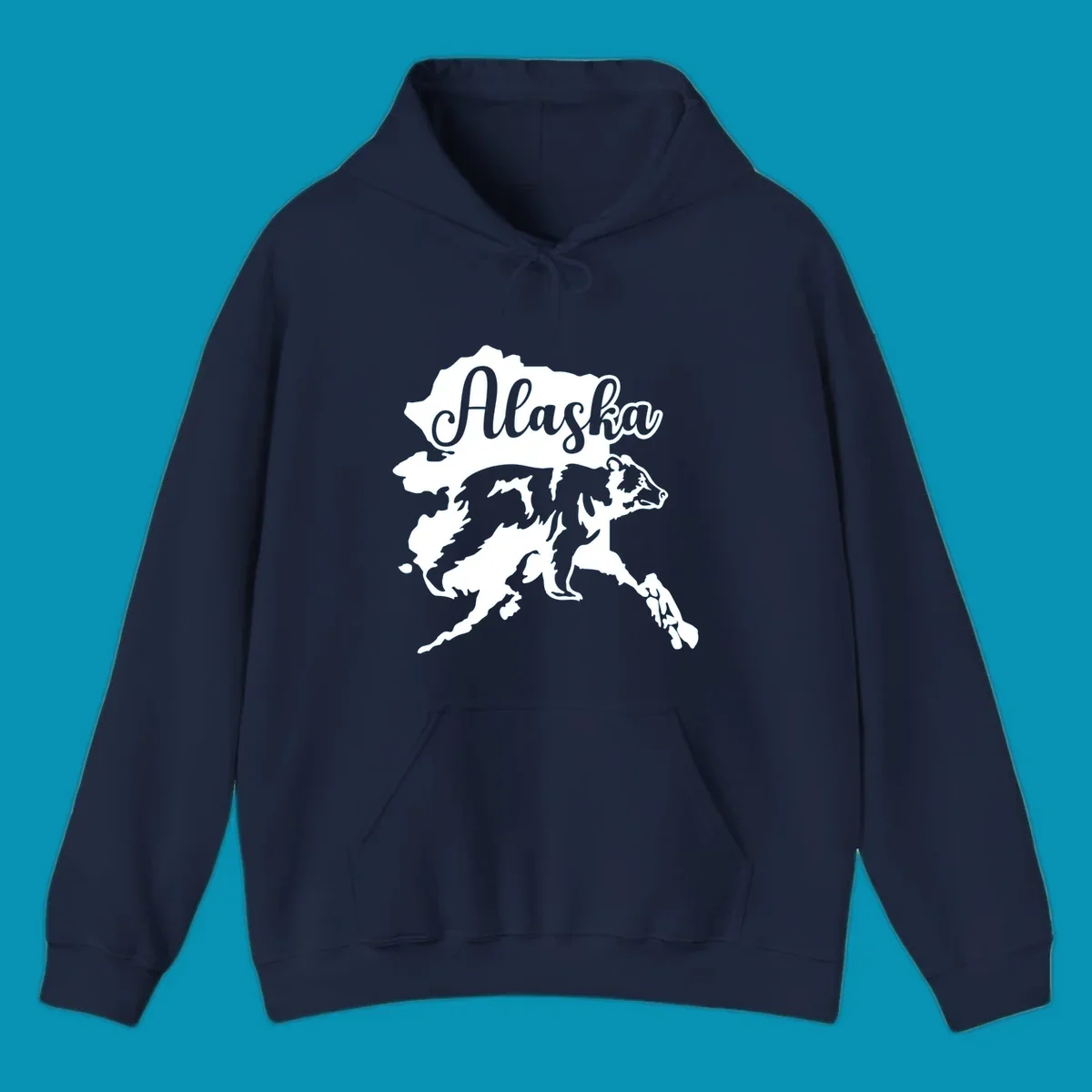 Alaska state map with bear silhouette and 'Alaska' text in elegant script lettering on gray background