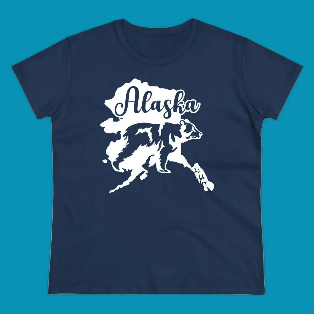 Alaska state map with bear silhouette and 'Alaska' text in elegant script lettering on gray background