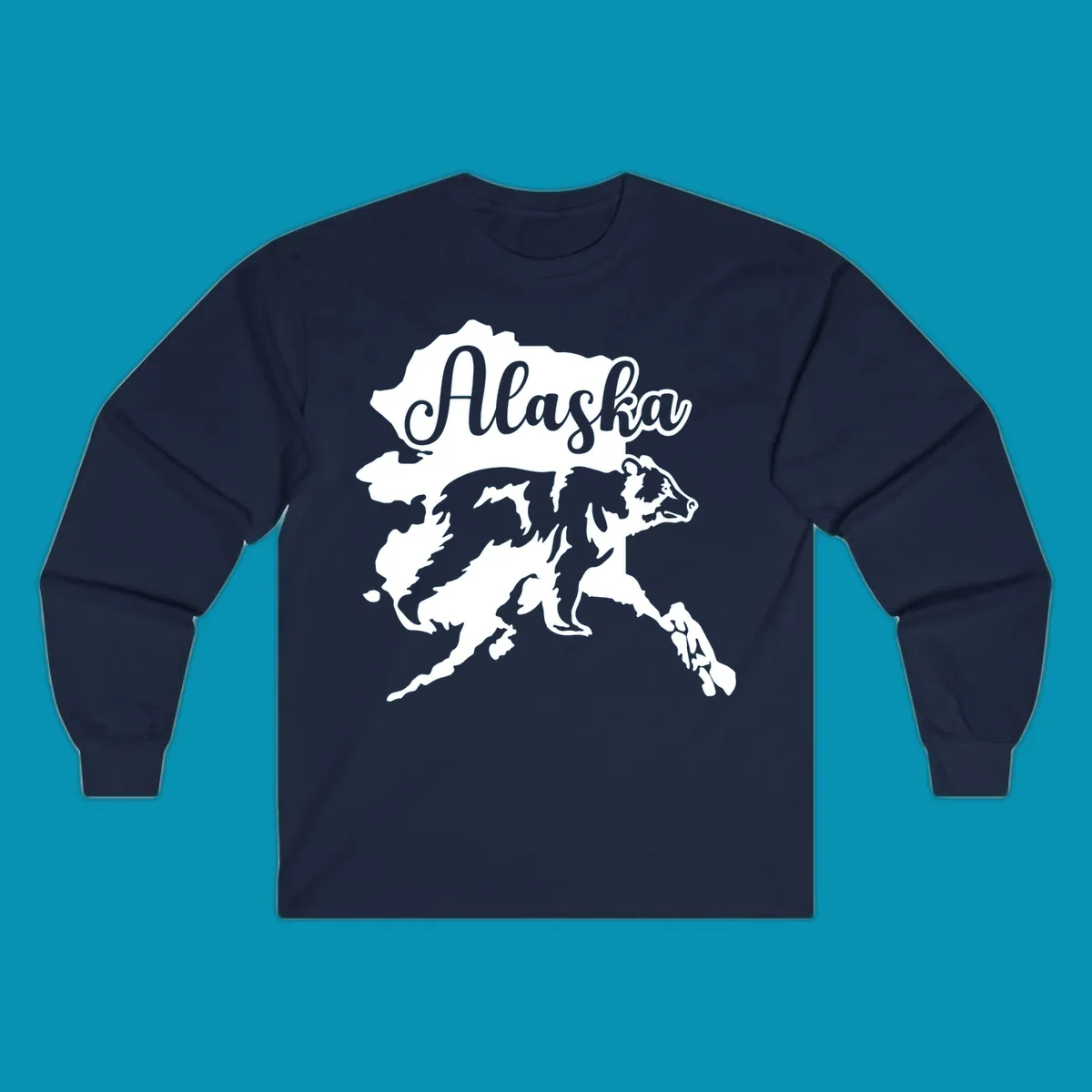 Alaska state map with bear silhouette and 'Alaska' text in elegant script lettering on gray background