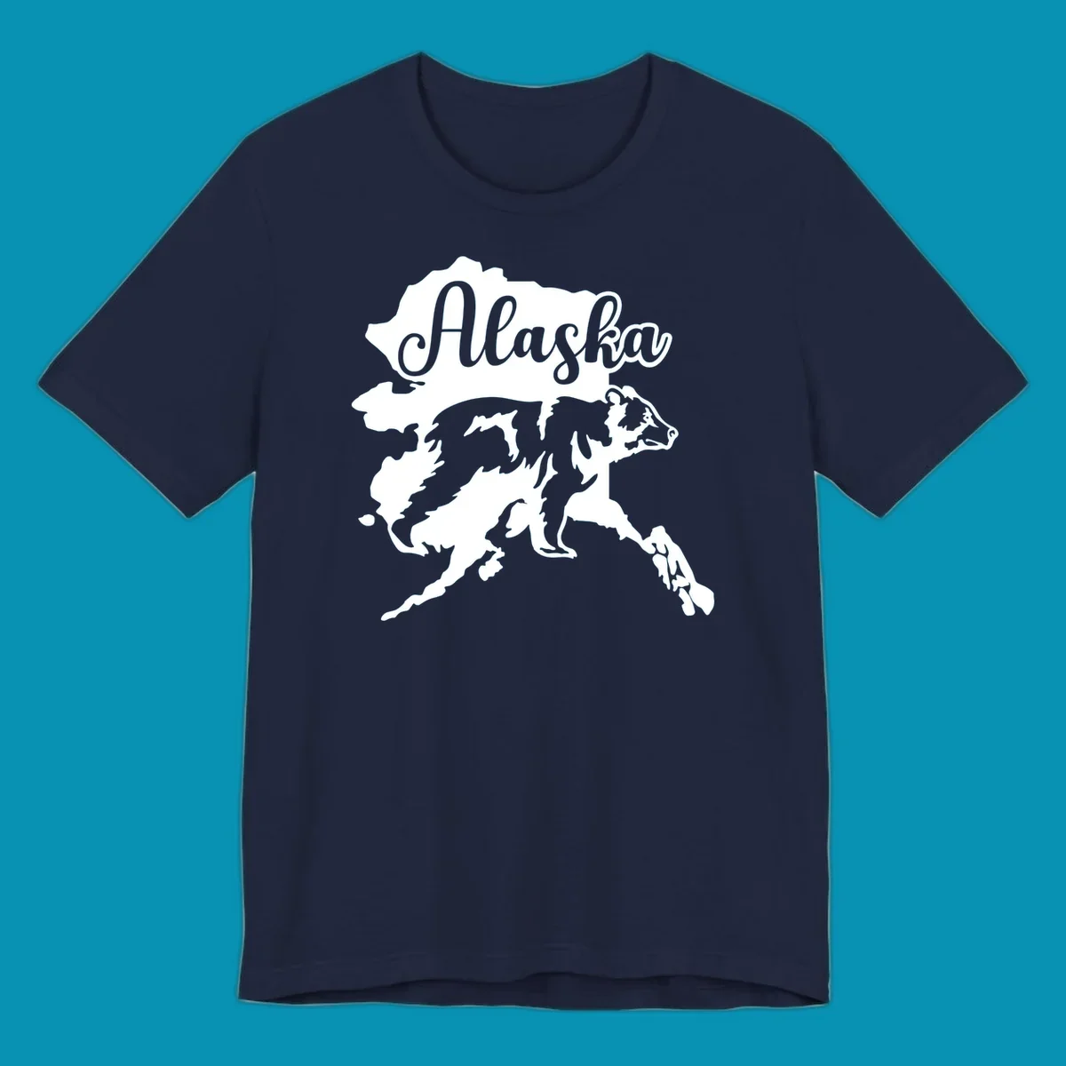 Alaska state map with bear silhouette and 'Alaska' text in elegant script lettering on gray background