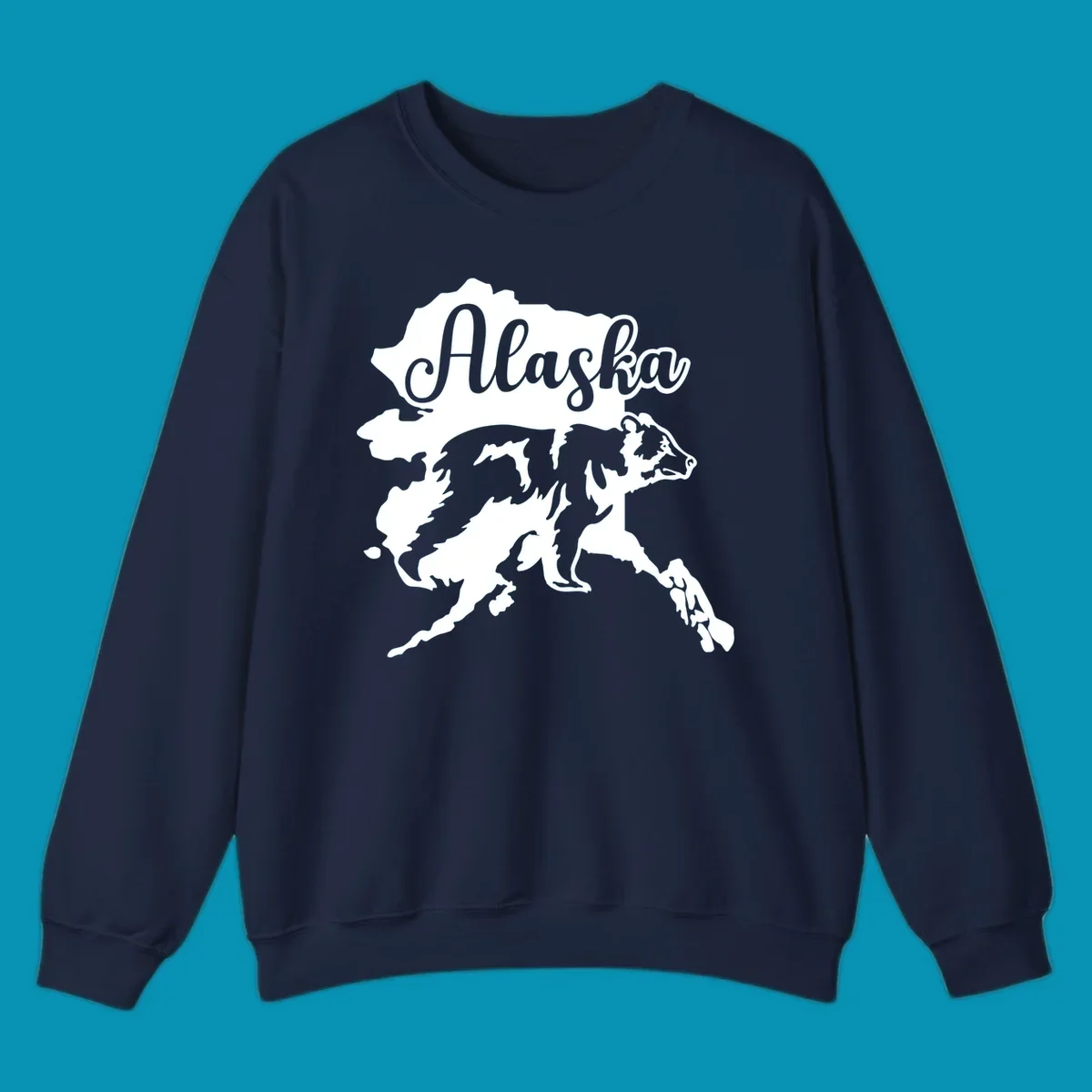 Alaska state map with bear silhouette and 'Alaska' text in elegant script lettering on gray background