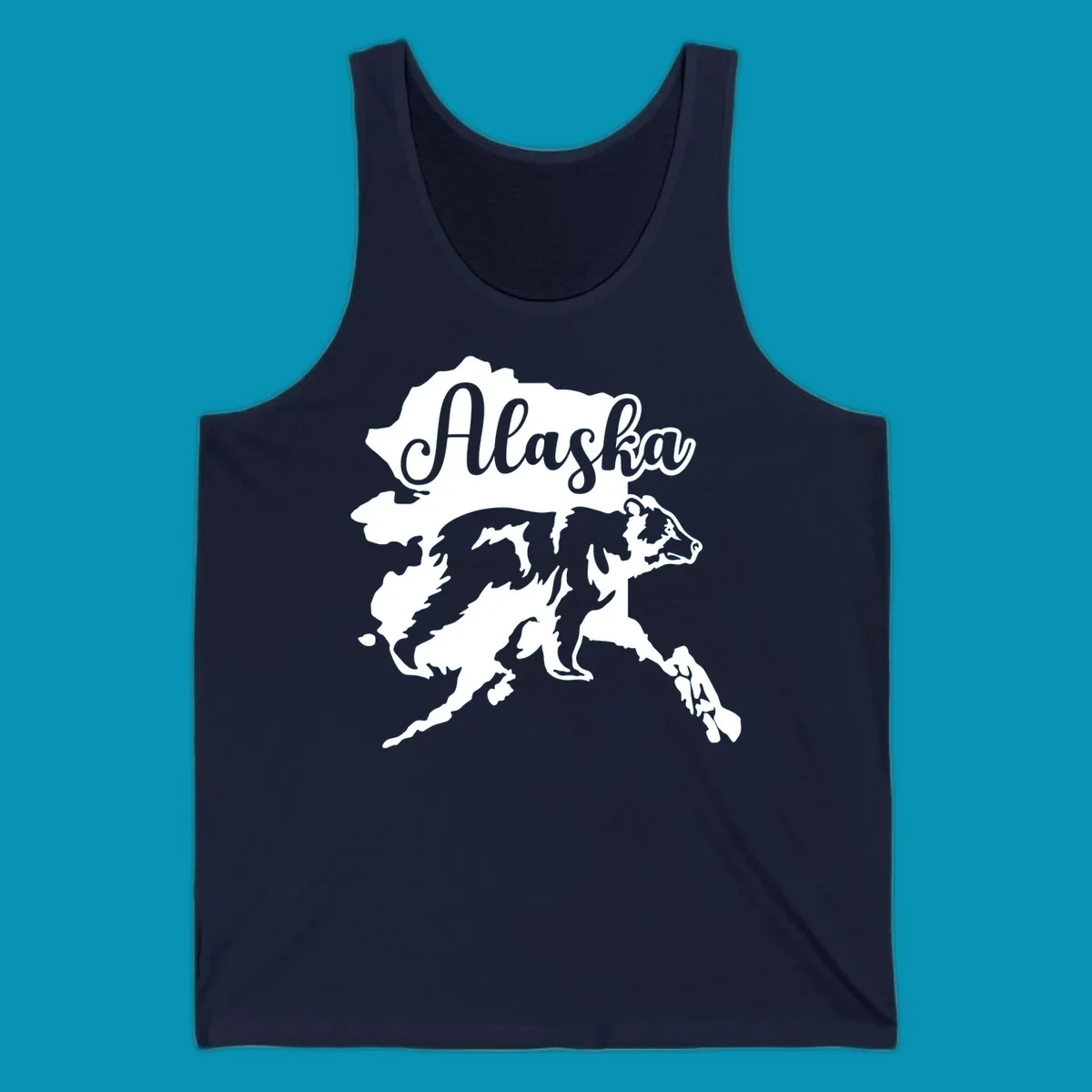 Alaska state map with bear silhouette and 'Alaska' text in elegant script lettering on gray background