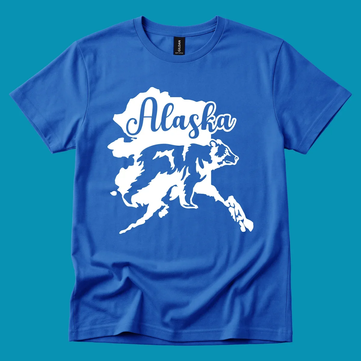 Alaska state map with bear silhouette and 'Alaska' text in elegant script lettering on gray background