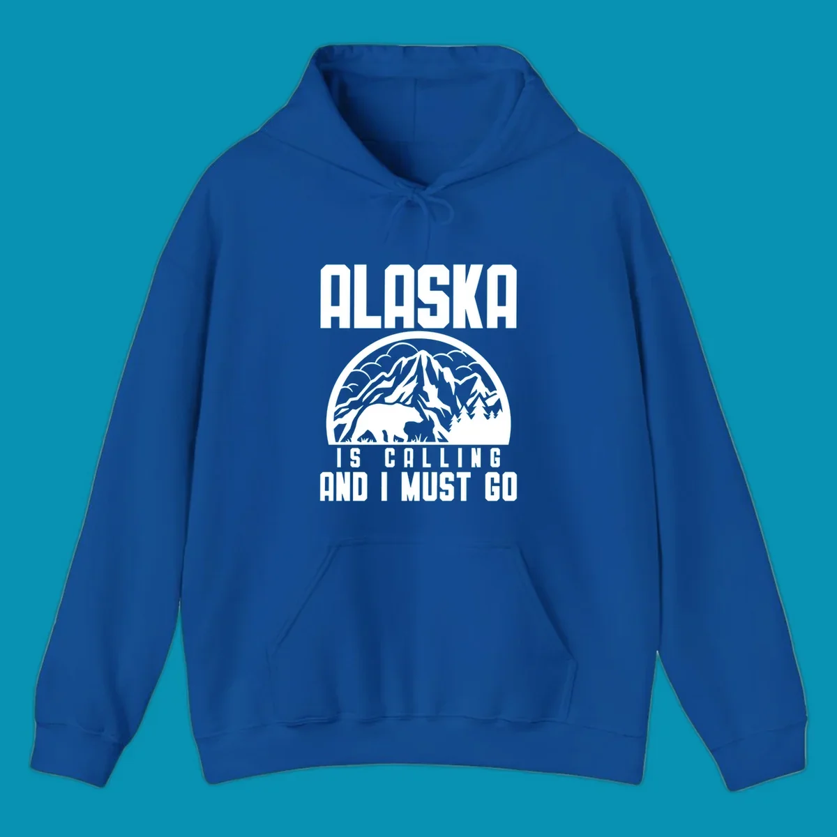 Vintage badge design with 'Alaska Is Calling And I Must Go' text, featuring mountain peak, bear, and evergreen trees