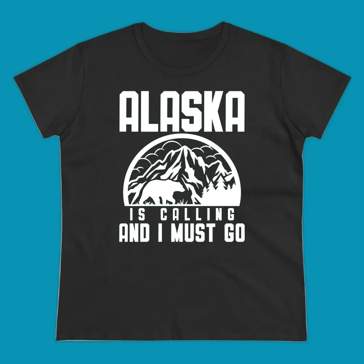 Vintage badge design with 'Alaska Is Calling And I Must Go' text, featuring mountain peak, bear, and evergreen trees