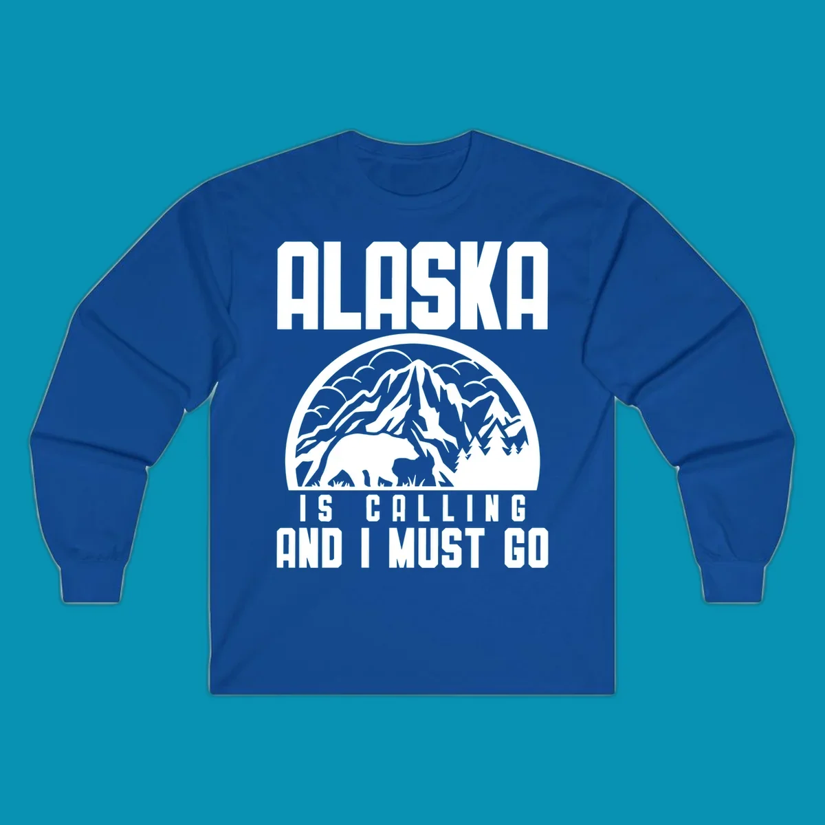 Vintage badge design with 'Alaska Is Calling And I Must Go' text, featuring mountain peak, bear, and evergreen trees