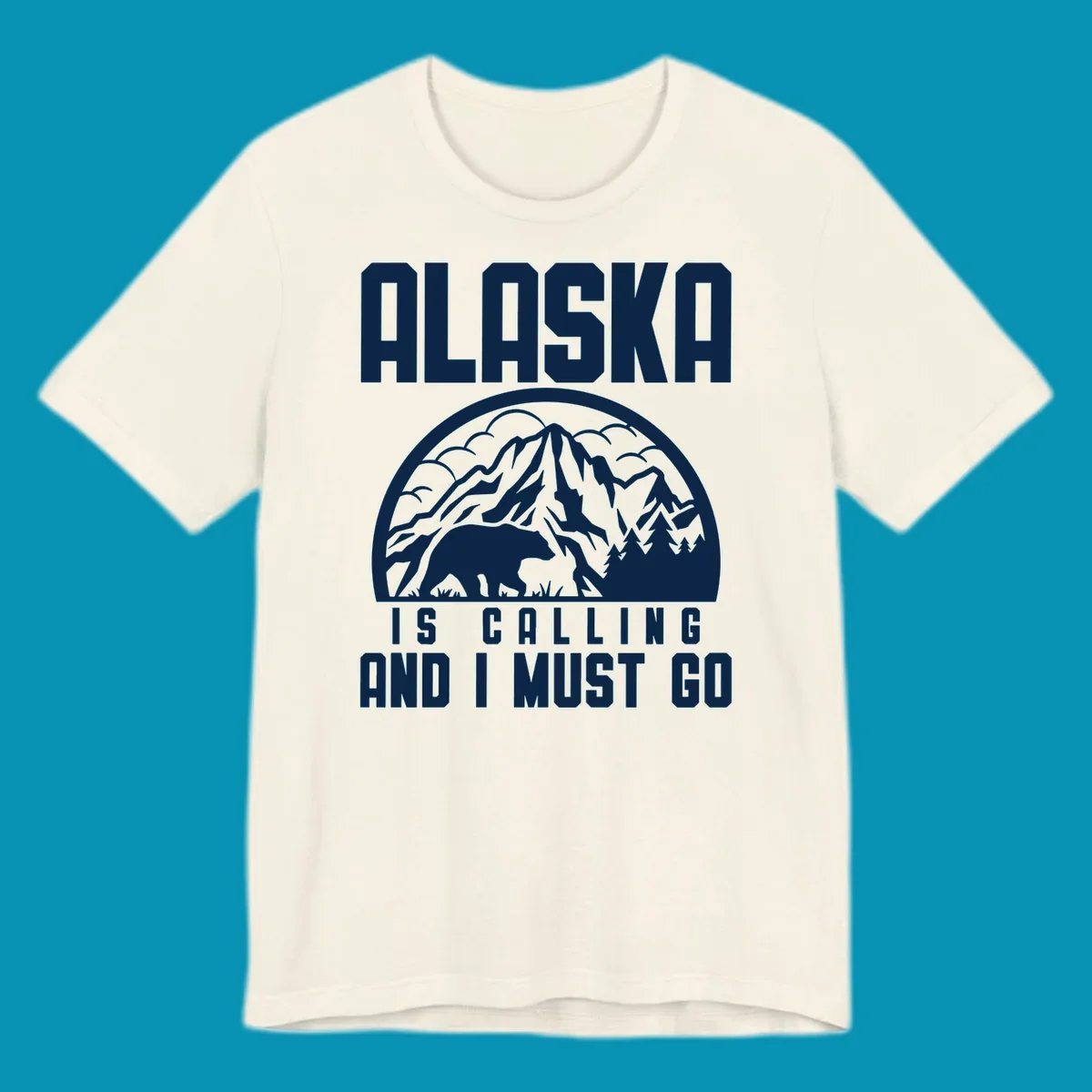 Vintage badge design with 'Alaska Is Calling And I Must Go' text, featuring mountain peak, bear, and evergreen trees