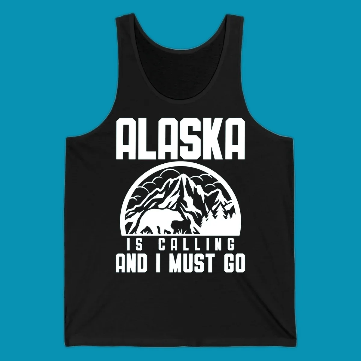 Vintage badge design with 'Alaska Is Calling And I Must Go' text, featuring mountain peak, bear, and evergreen trees