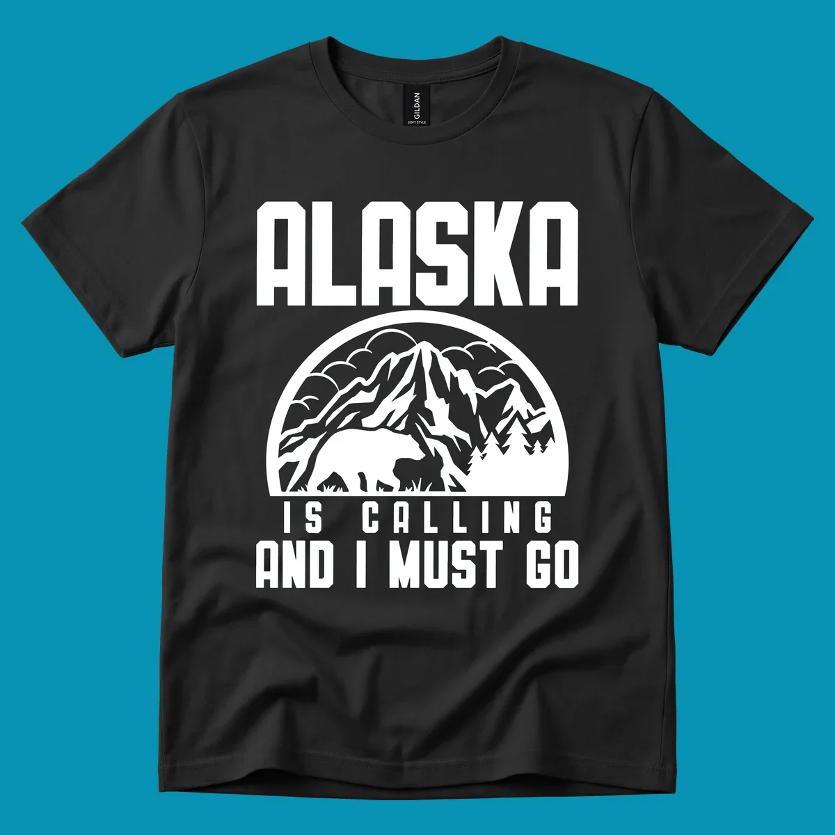 Vintage badge design with 'Alaska Is Calling And I Must Go' text, featuring mountain peak, bear, and evergreen trees
