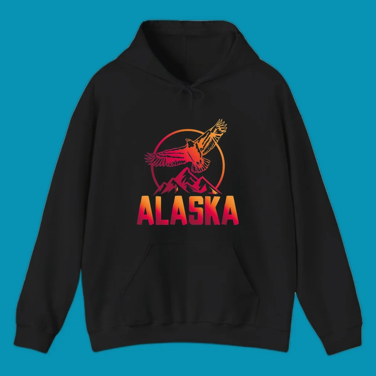 Eagle soaring above snow-capped mountains in red and orange gradient with Alaska text, circular badge design