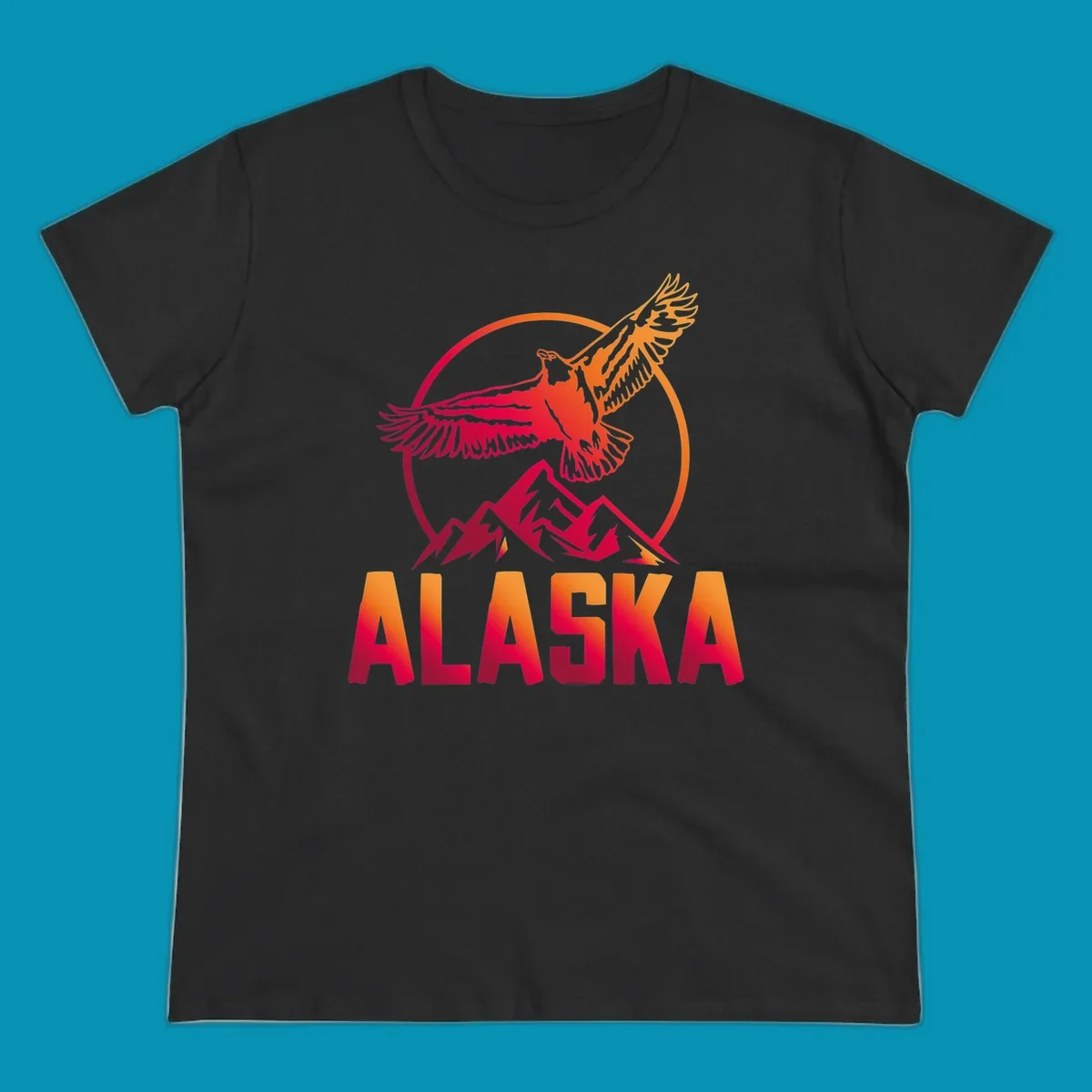 Eagle soaring above snow-capped mountains in red and orange gradient with Alaska text, circular badge design