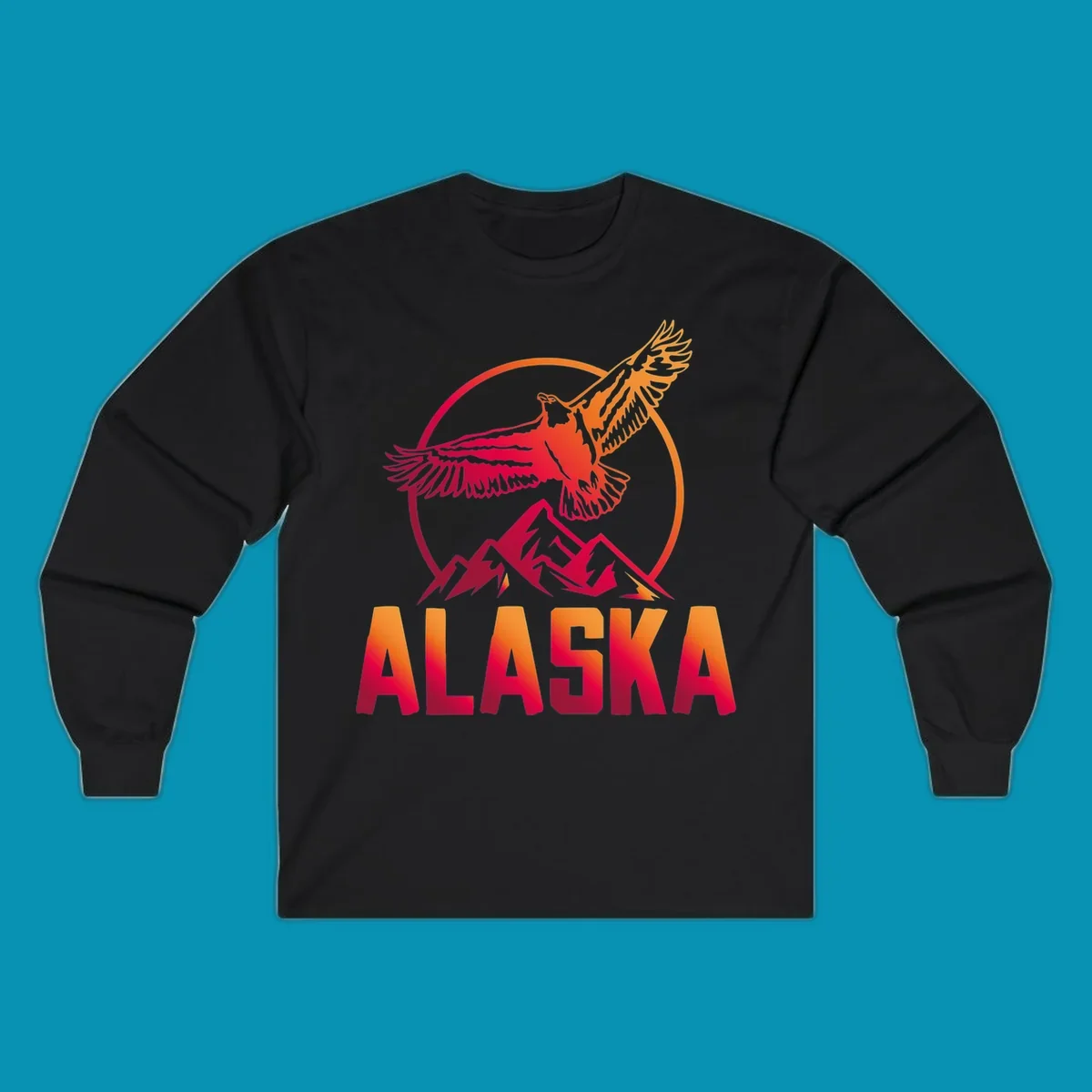 Eagle soaring above snow-capped mountains in red and orange gradient with Alaska text, circular badge design
