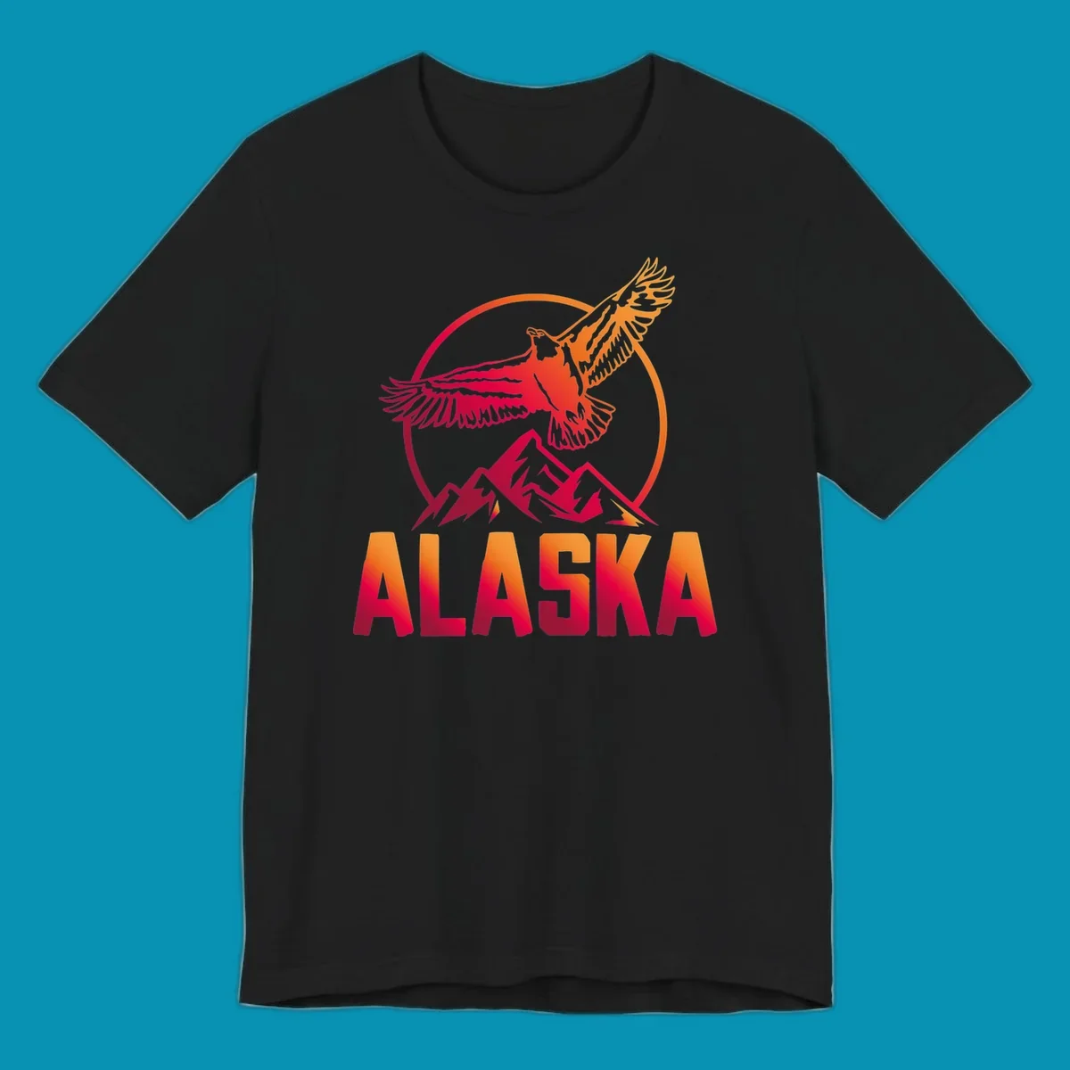 Eagle soaring above snow-capped mountains in red and orange gradient with Alaska text, circular badge design