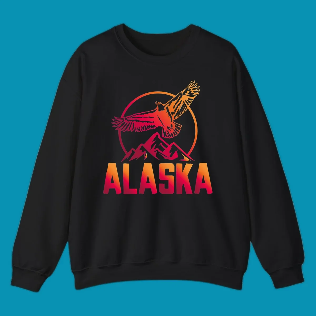 Eagle soaring above snow-capped mountains in red and orange gradient with Alaska text, circular badge design