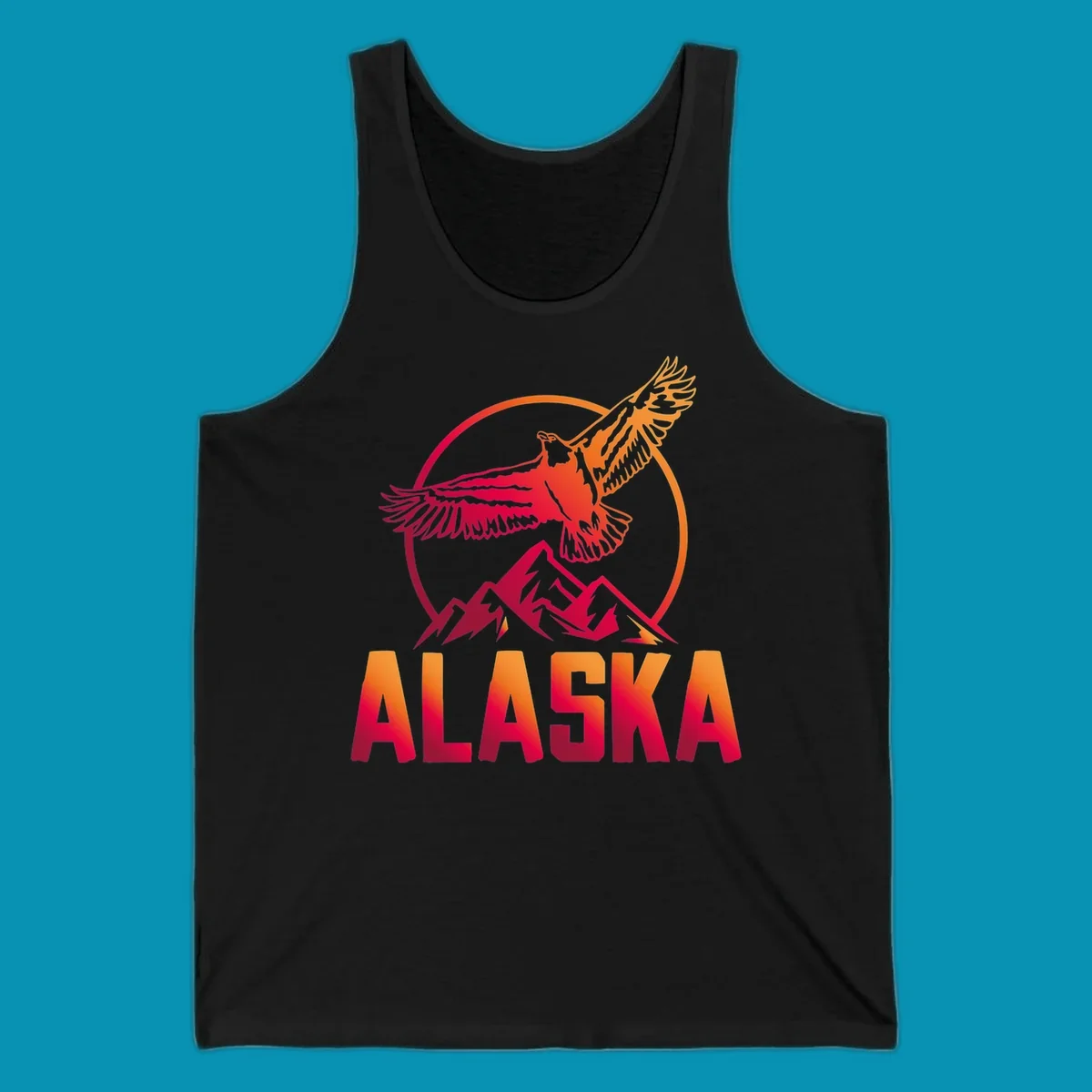 Eagle soaring above snow-capped mountains in red and orange gradient with Alaska text, circular badge design