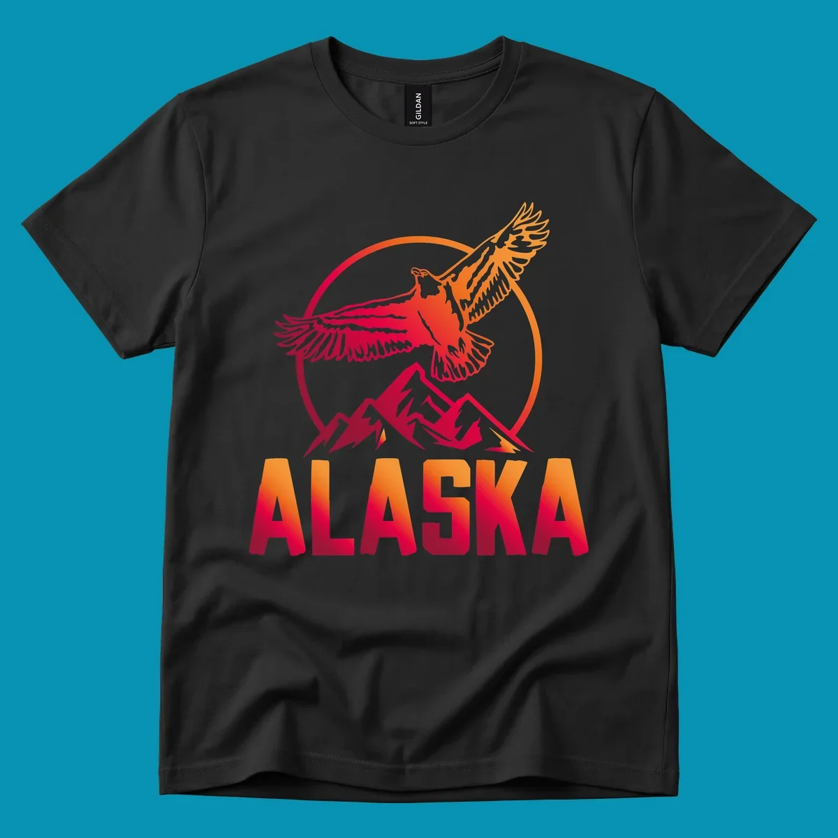 Eagle soaring above snow-capped mountains in red and orange gradient with Alaska text, circular badge design
