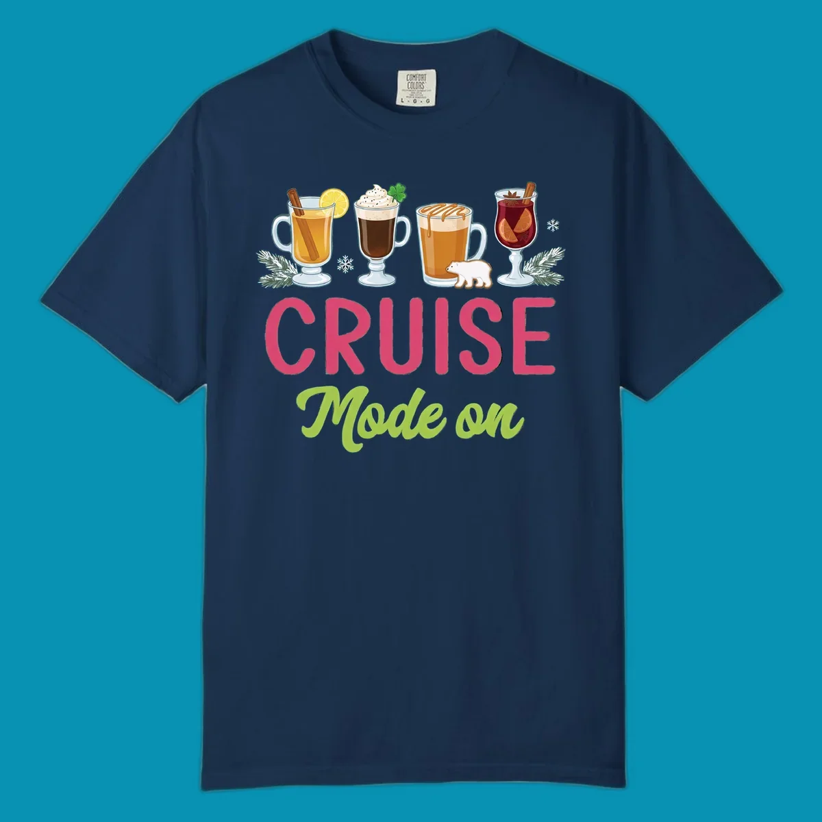 Cruise mode on holiday drinks design featuring four festive winter beverages with cinnamon sticks, citrus, and foliage accents.