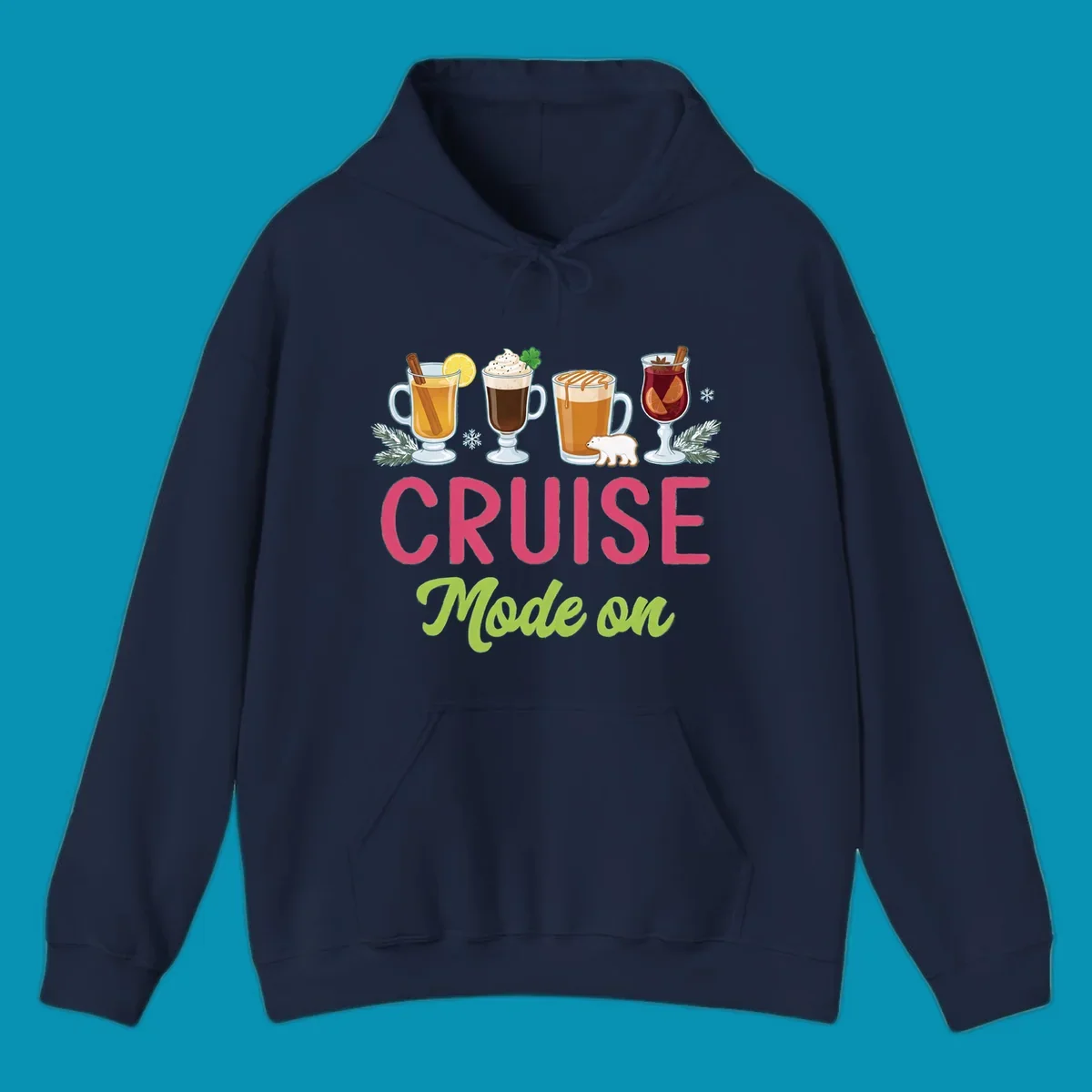 Cruise mode on holiday drinks design featuring four festive winter beverages with cinnamon sticks, citrus, and foliage accents.