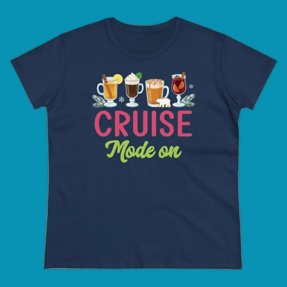 Cruise mode on holiday drinks design featuring four festive winter beverages with cinnamon sticks, citrus, and foliage accents.