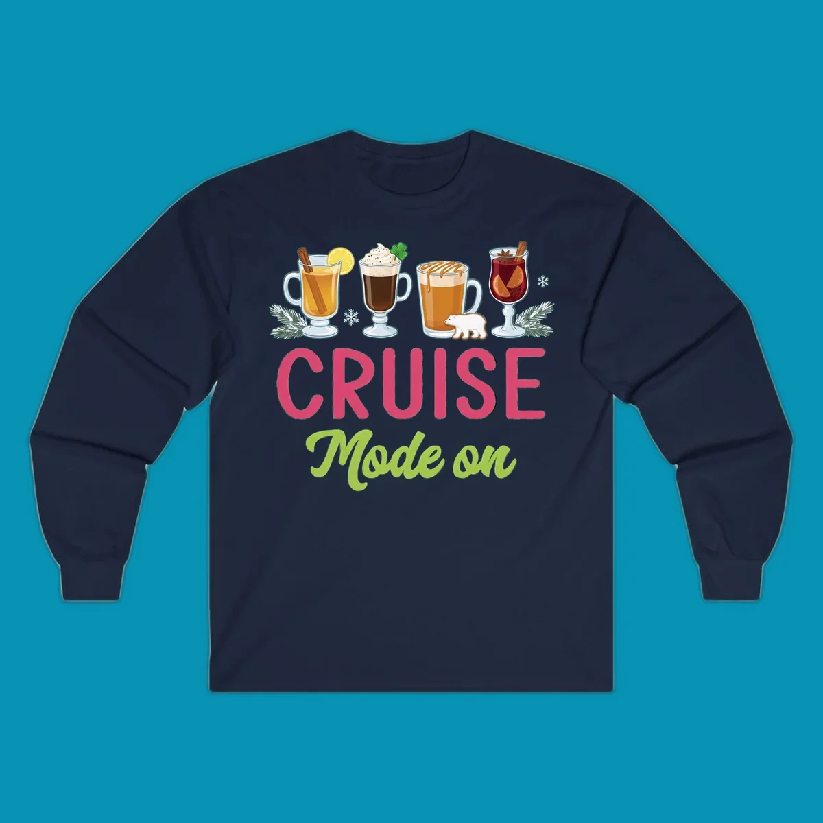 Cruise mode on holiday drinks design featuring four festive winter beverages with cinnamon sticks, citrus, and foliage accents.
