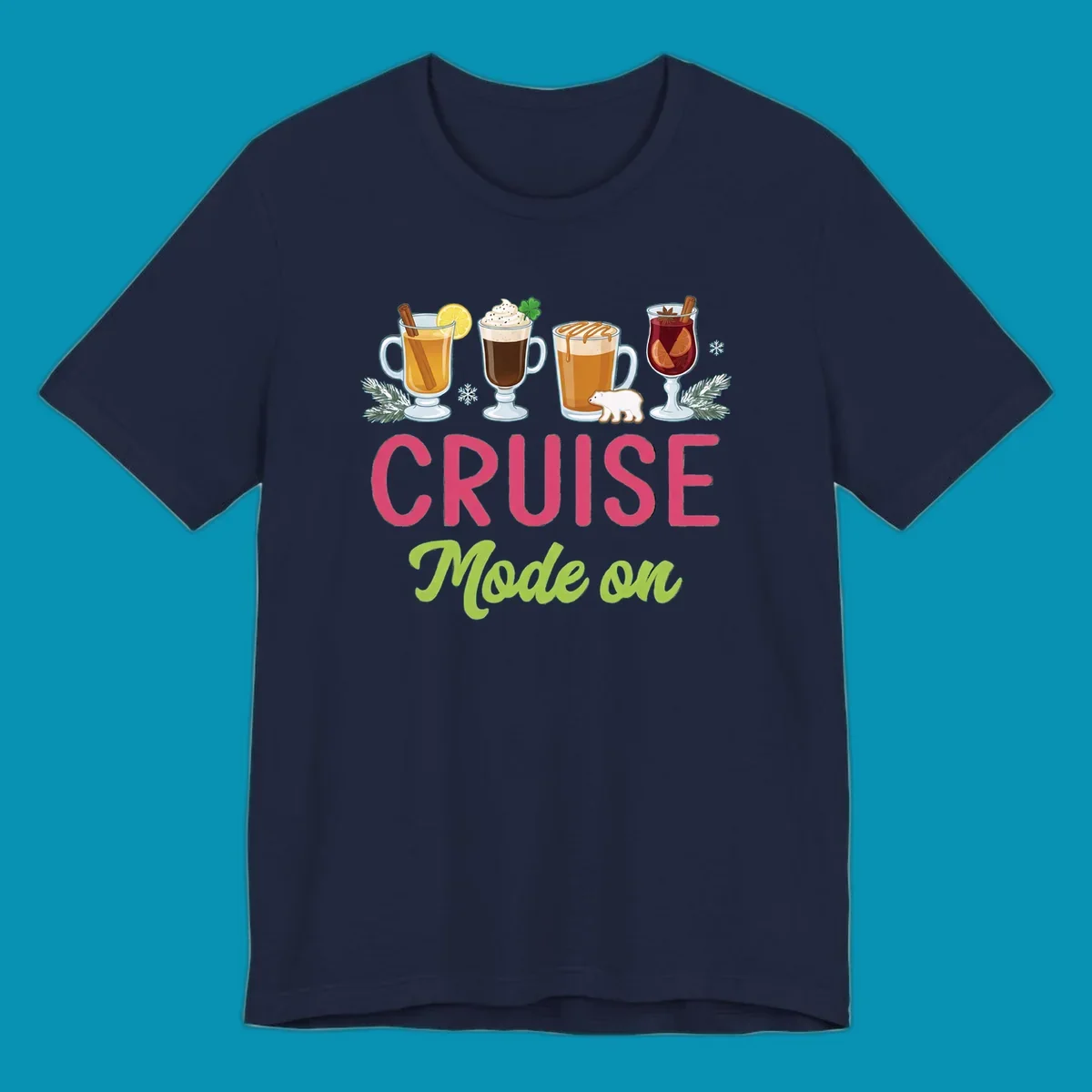 Cruise mode on holiday drinks design featuring four festive winter beverages with cinnamon sticks, citrus, and foliage accents.