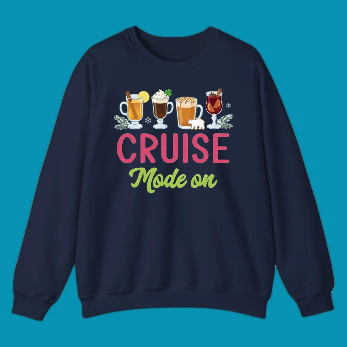 Cruise mode on holiday drinks design featuring four festive winter beverages with cinnamon sticks, citrus, and foliage accents.