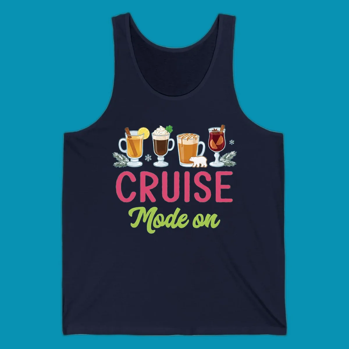 Cruise mode on holiday drinks design featuring four festive winter beverages with cinnamon sticks, citrus, and foliage accents.