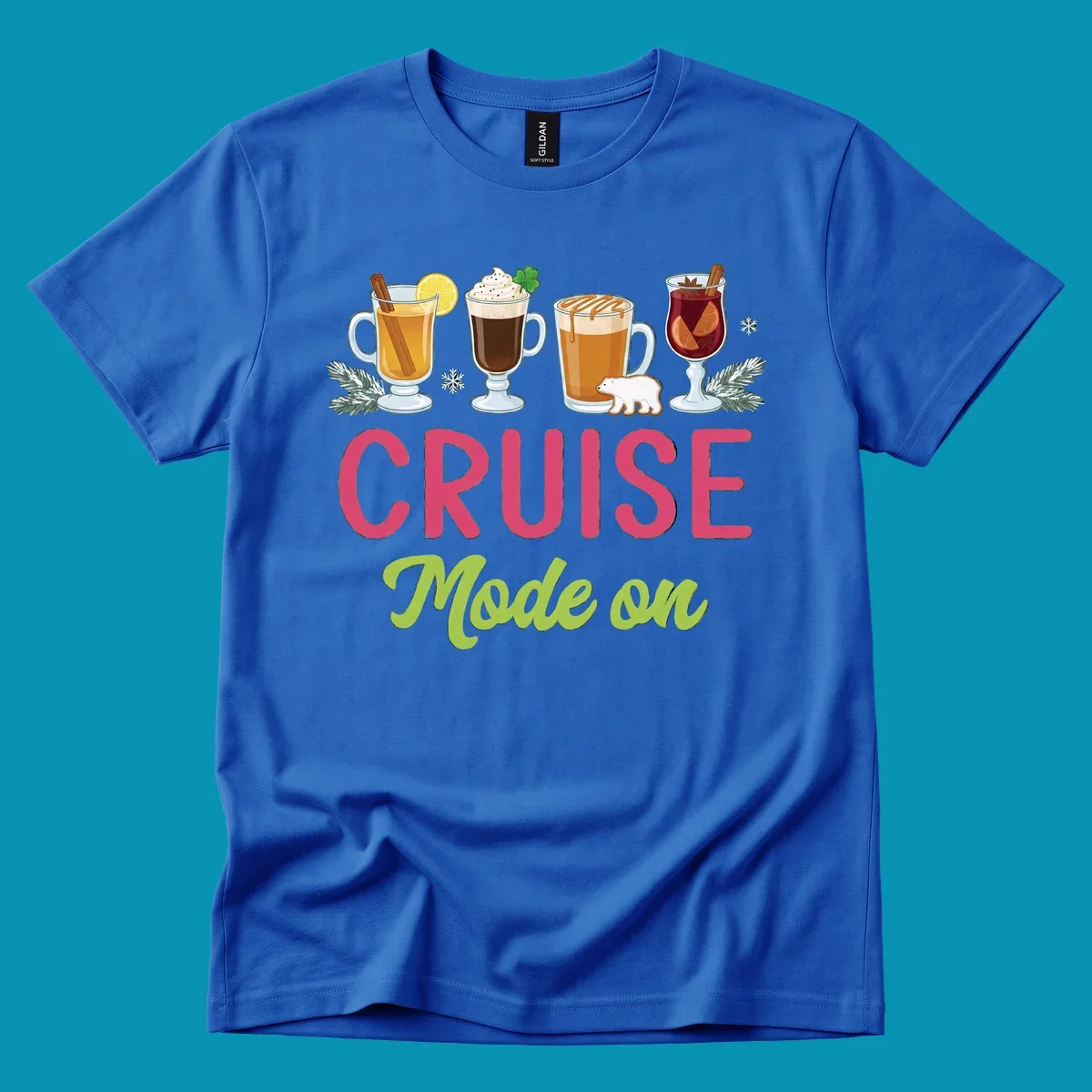 Cruise mode on holiday drinks design featuring four festive winter beverages with cinnamon sticks, citrus, and foliage accents.