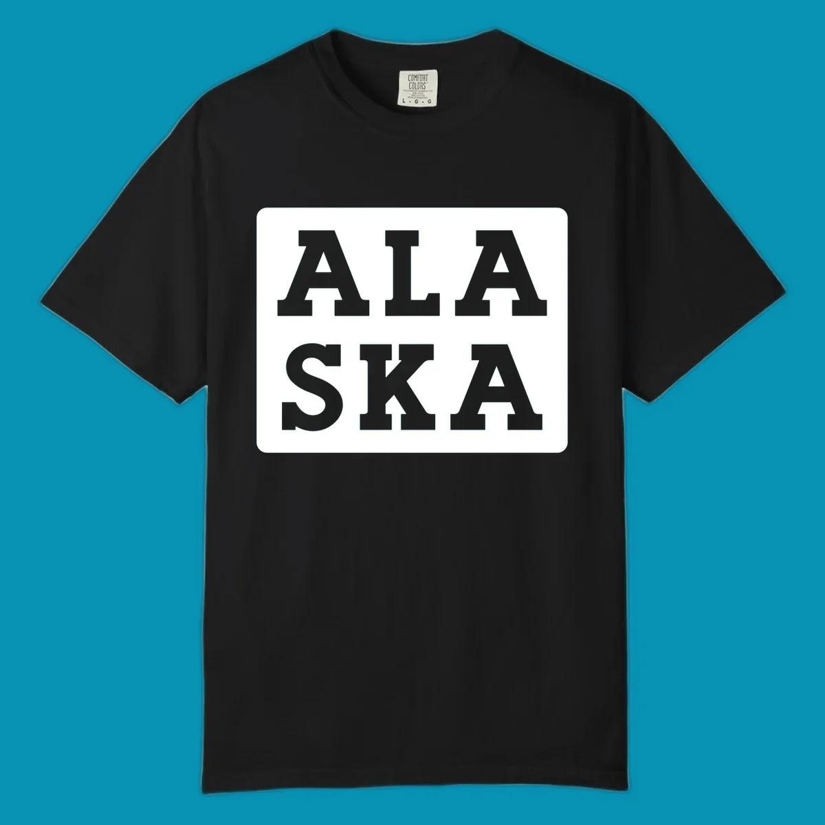 Bold gray block letters spelling 'ALA SKA' with geometric triangle cutouts, creating a playful Alaska pun design