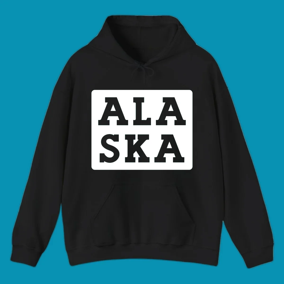 Bold gray block letters spelling 'ALA SKA' with geometric triangle cutouts, creating a playful Alaska pun design