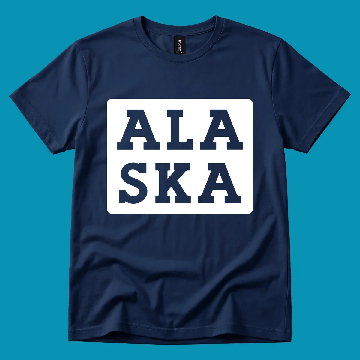 Bold gray block letters spelling 'ALA SKA' with geometric triangle cutouts, creating a playful Alaska pun design