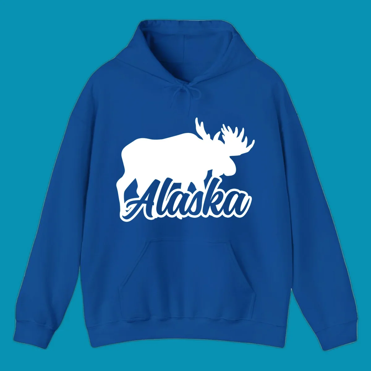 White moose silhouette with branching antlers above stylized 'Alaska' text in gray lettering on gray background