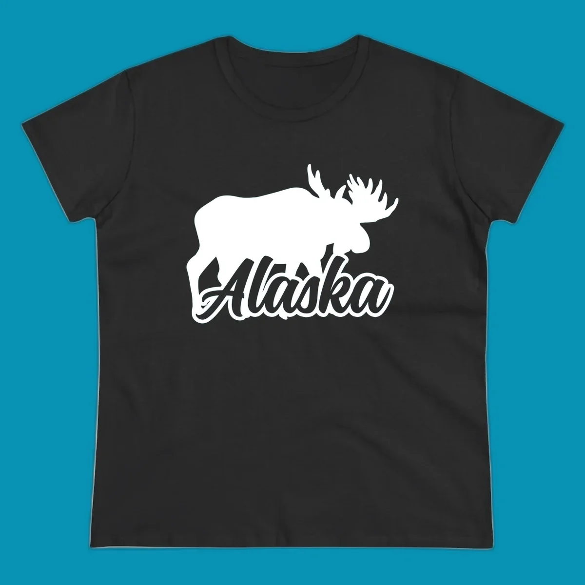 White moose silhouette with branching antlers above stylized 'Alaska' text in gray lettering on gray background