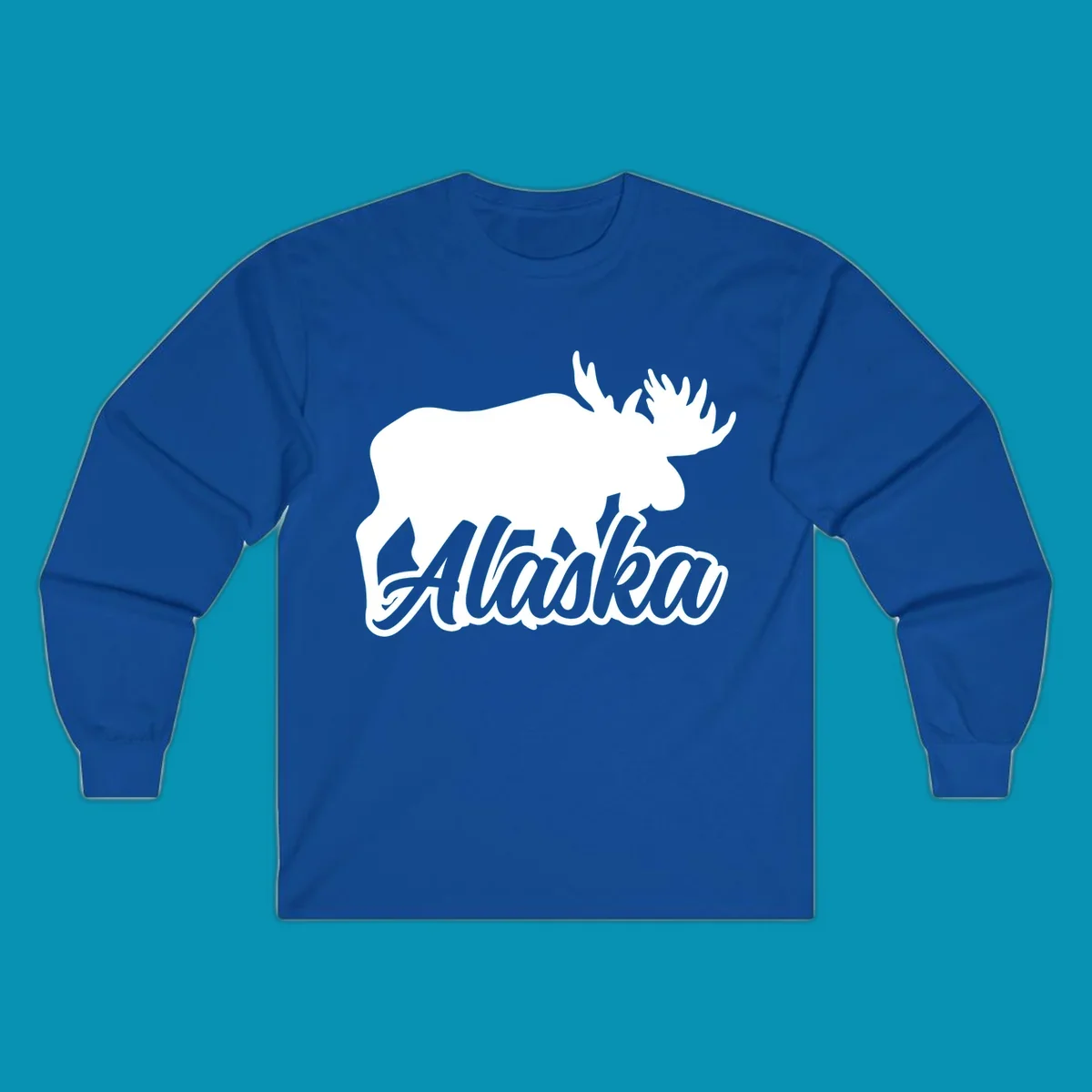 White moose silhouette with branching antlers above stylized 'Alaska' text in gray lettering on gray background