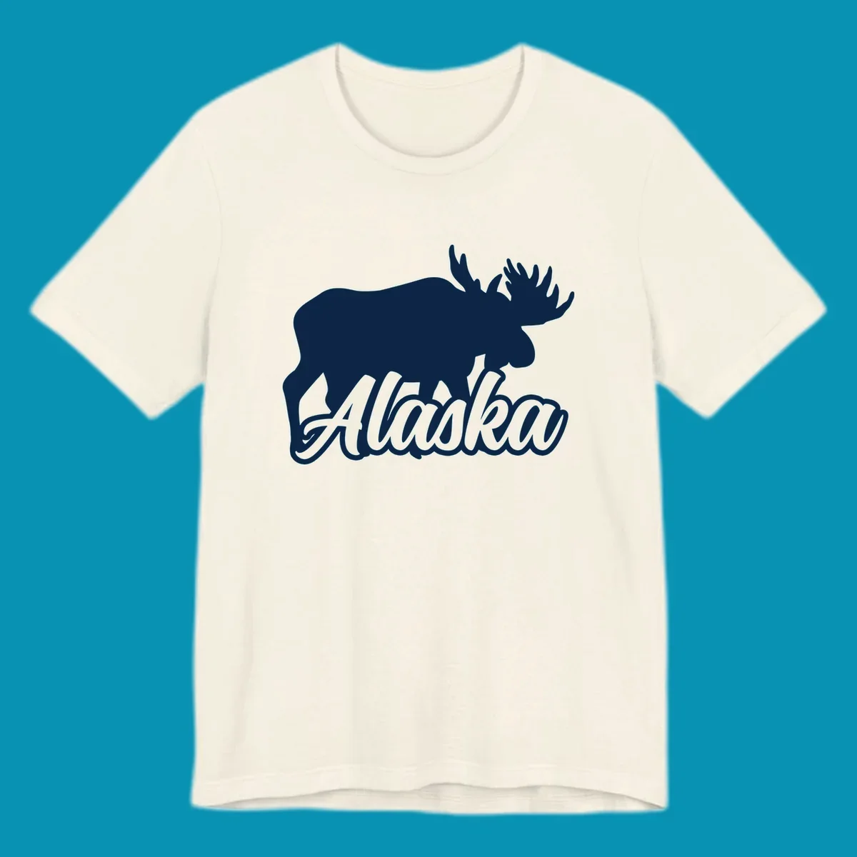 White moose silhouette with branching antlers above stylized 'Alaska' text in gray lettering on gray background