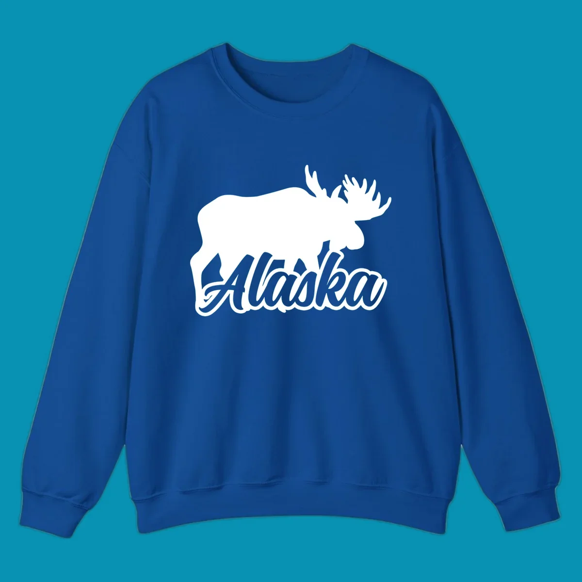 White moose silhouette with branching antlers above stylized 'Alaska' text in gray lettering on gray background