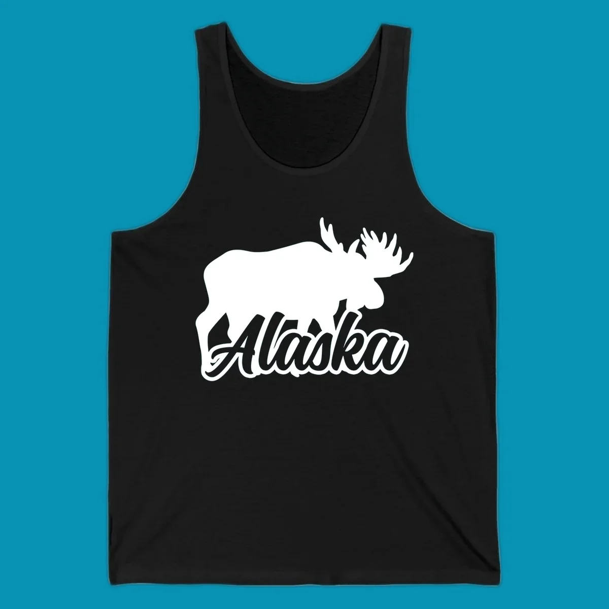 White moose silhouette with branching antlers above stylized 'Alaska' text in gray lettering on gray background