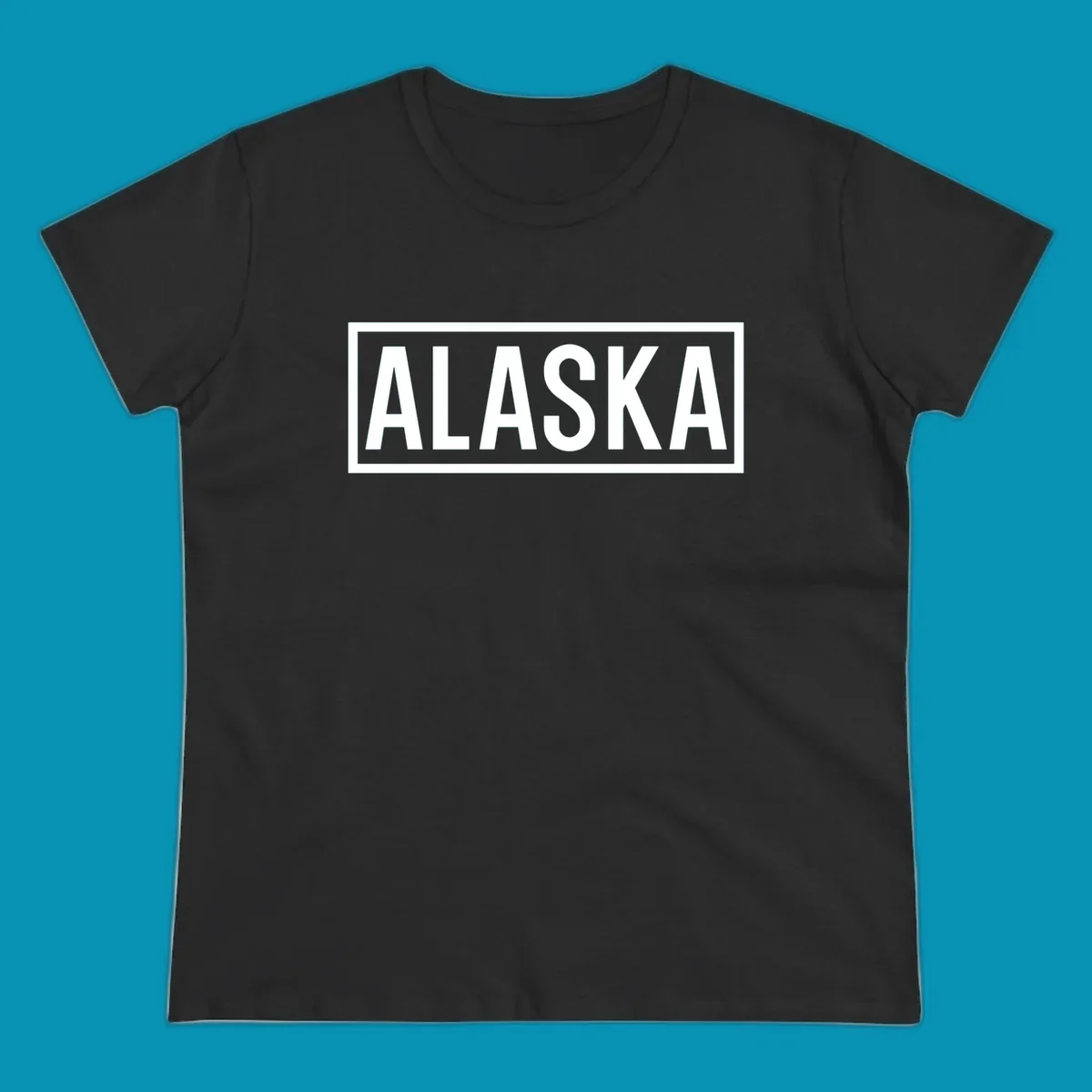 Bold white 'ALASKA' text centered in gray rectangular frame with white border—Alaska bold statement cruise design