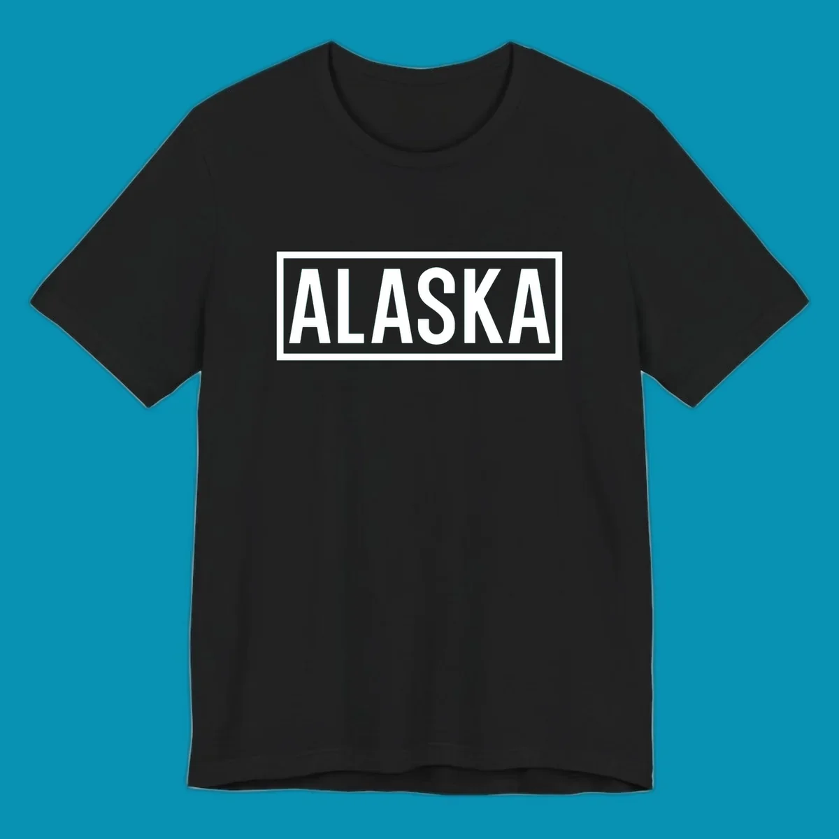 Bold white 'ALASKA' text centered in gray rectangular frame with white border—Alaska bold statement cruise design