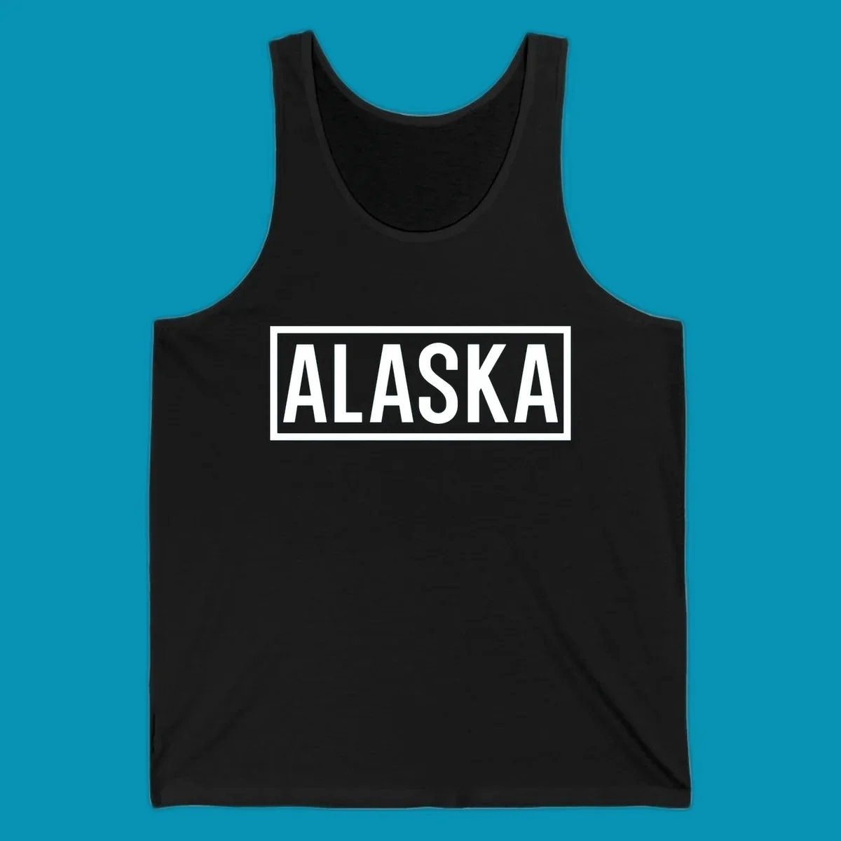 Bold white 'ALASKA' text centered in gray rectangular frame with white border—Alaska bold statement cruise design