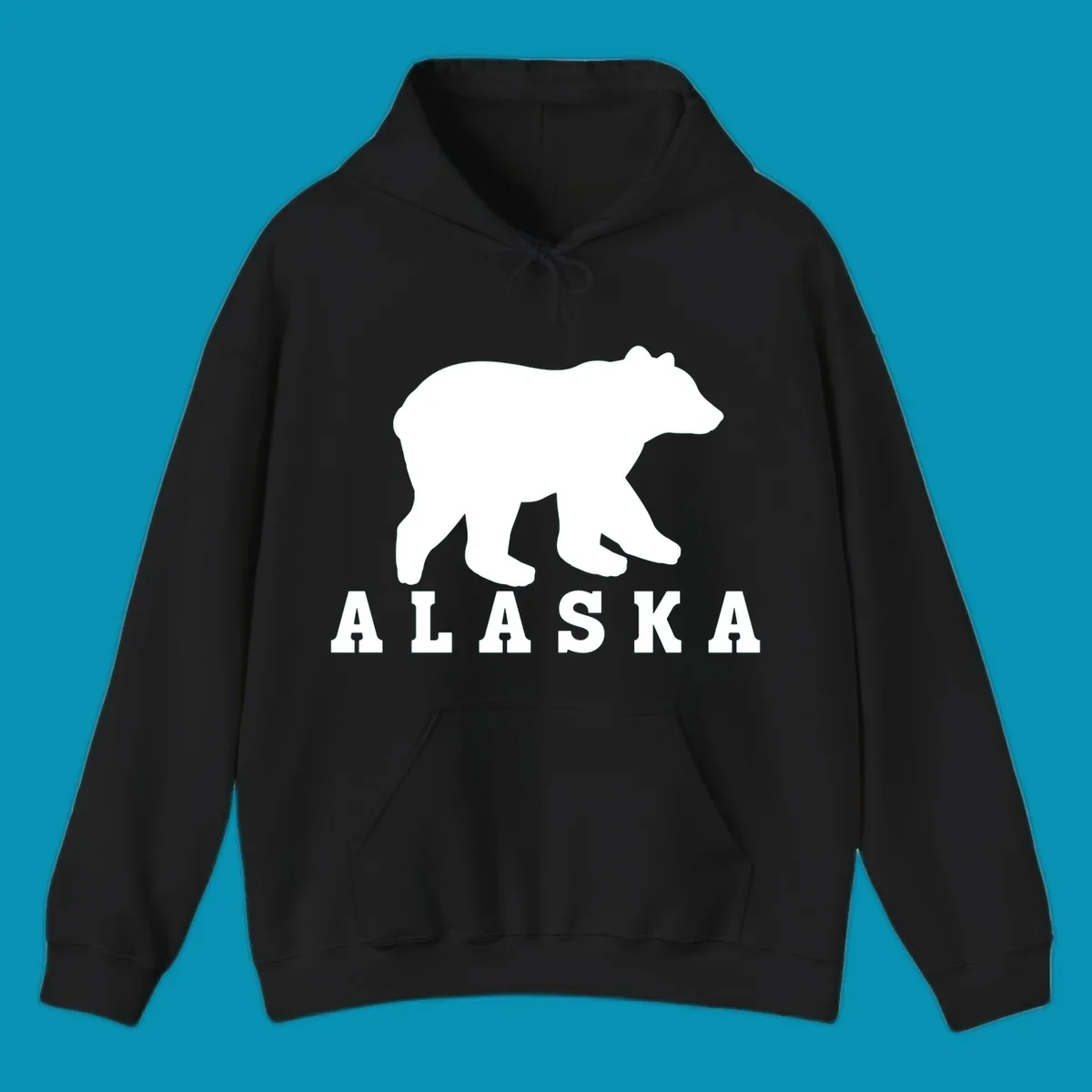 White bear silhouette standing with front paws visible, Alaska text below with pine tree accents on gray background